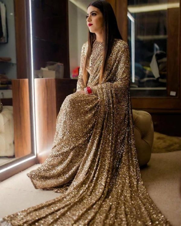 Lovely Golden Color Work Saree