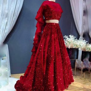 Trendy Red Color Velvet With Sequence Work Lehenga