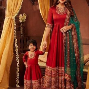 All functional Work Mother And Daughter Designer Red Gown