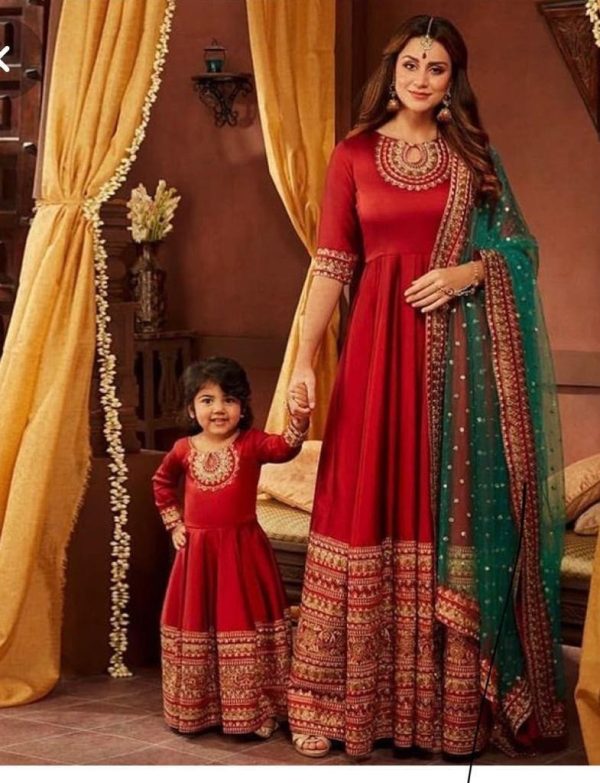 All functional Work Mother And Daughter Designer Red Gown