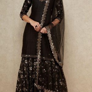 Blissful Designer Wedding Wear Black Color Banarasi Silk Sharara Suit