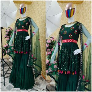 Flirty green Color Embroidery Work Georgette Sharara Suit