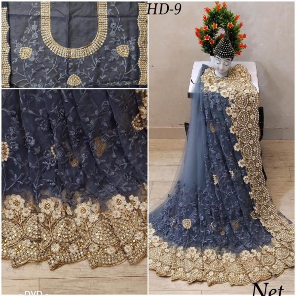 Meticulous Grey Color Embroidery Work Saree