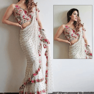 Fashion Design White Colour Frill Mono Net Saree