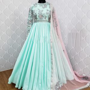 All functional Wear Sky Color Long Designer Gown