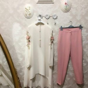 pure zam cotton stitched white kurti with pink pant