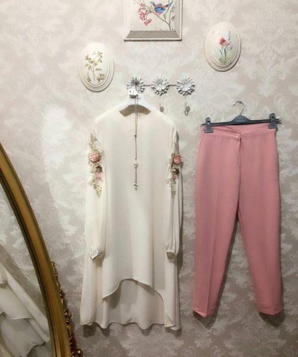 pure zam cotton stitched white kurti with pink pant