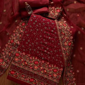 Blissful Maroon Sequins Georgette Unstitched Color Heavy Salwar Suit