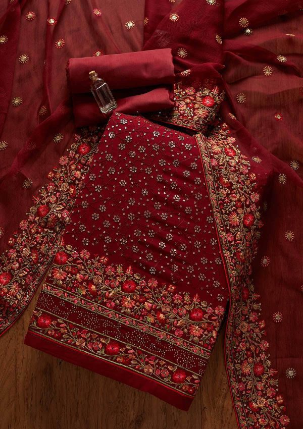 Blissful Maroon Sequins Georgette Unstitched Color Heavy Salwar Suit
