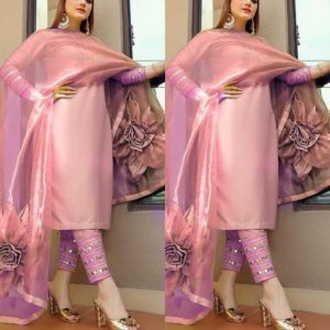 Attractive Mirror Work Organza Kurti With Pant