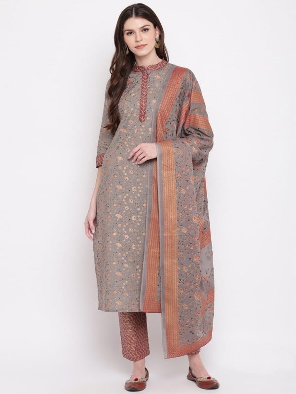 Jazzy Grey Color Full Stitched Cotton Printed Pent Salwar Suit For Function Wear