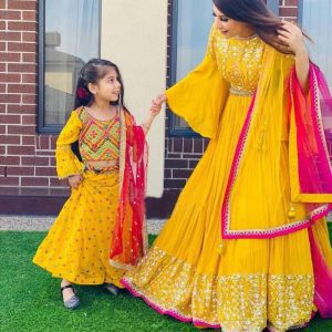 Yellow Color Mother Daughter Lehenga Combo