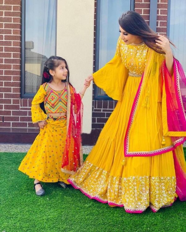 Yellow Color Mother Daughter Lehenga Combo
