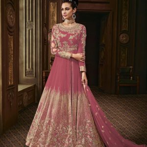 Fancy Designer Embroidery Work Peach Color Long Anarkali Suit