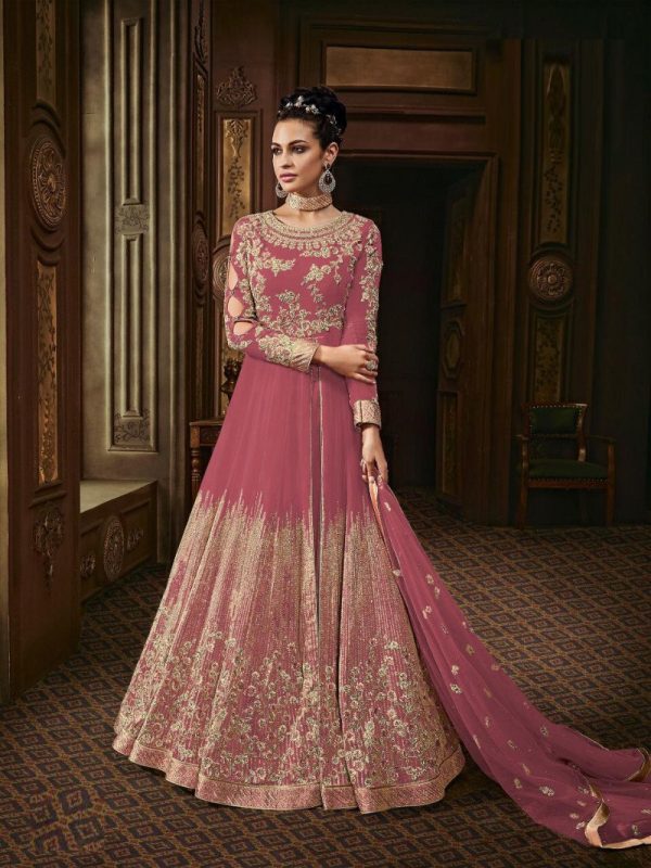 Fancy Designer Embroidery Work Peach Color Long Anarkali Suit