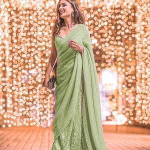 Party Wear With Embroidered Work Green Saree