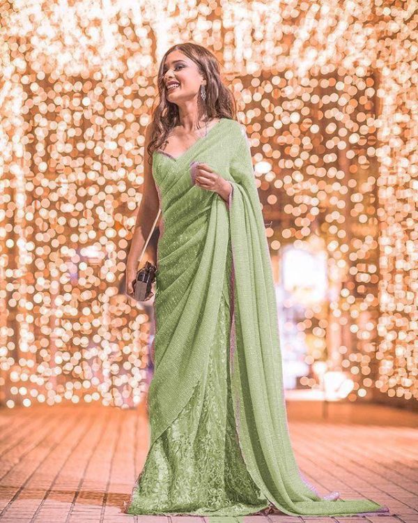 Party Wear With Embroidered Work Green Saree