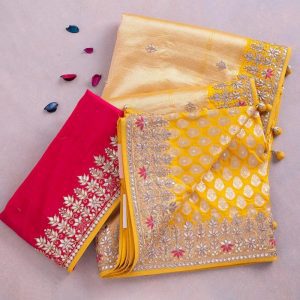 modern Gotapati Seqence Embroidery Work Yellow Saree