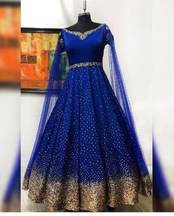 Radiant Blue Colour Taffeta Silk Long Gown
