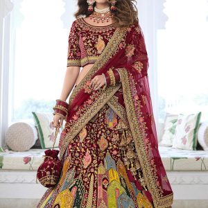 Maroon Silk Floral Embroidered Lehenga Choli With Dupatta