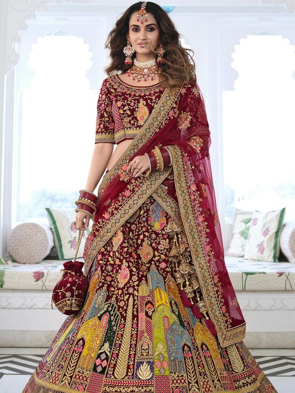 Maroon Silk Floral Embroidered Lehenga Choli With Dupatta
