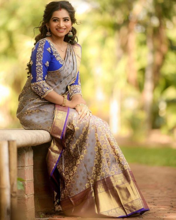 Charming Silk Golden Zari Grey Color Saree