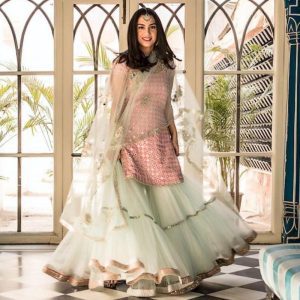 Fabnest And Taffeta Silk Pink And Pista Colour Sharara Suit
