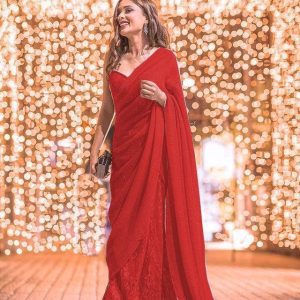 Party Wear With Embroidered Work Red Saree