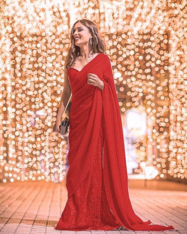 Party Wear With Embroidered Work Red Saree