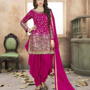 Flamboyant Purple Taffeta Silk Heavy Mirror Work Patiyala Dress