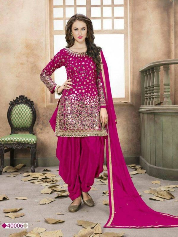 Flamboyant Purple Taffeta Silk Heavy Mirror Work Patiyala Dress