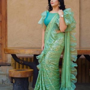 Party Wear Green Color Sequence Work Ruffle Saree