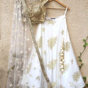 Gold Mirror Work & White Lehenga Set