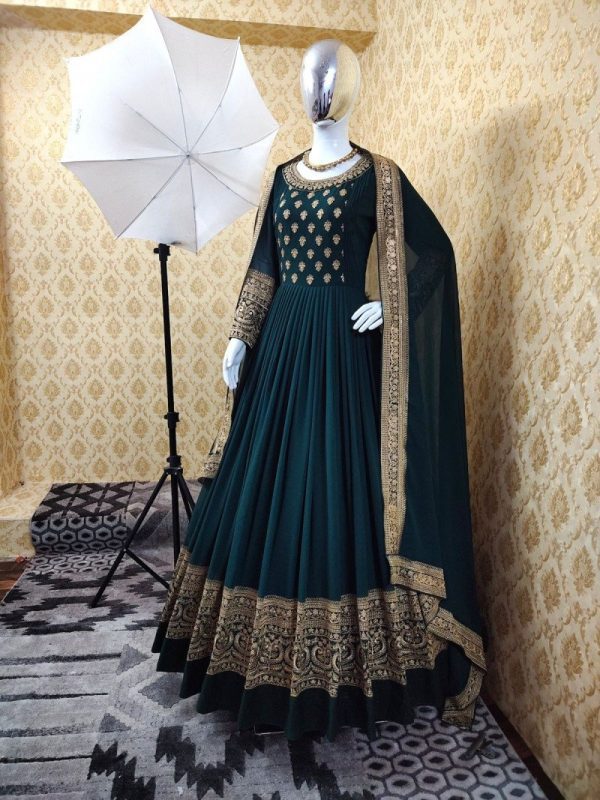 Impressive Georgette Dark Green Color Party Wear Gown