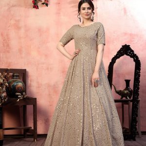 luxurious beige Color Golden Sequence Work Anarkali Long Gown