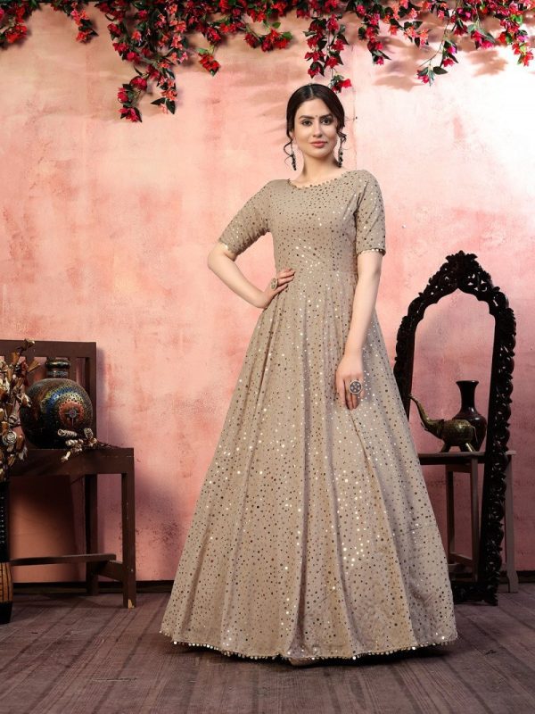 luxurious beige Color Golden Sequence Work Anarkali Long Gown