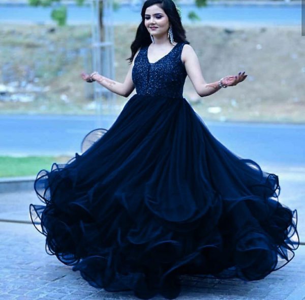 All functional Wear Blue Color Sequins Work Gown