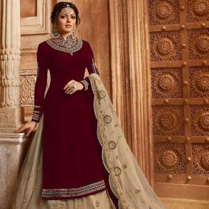 celebration Fox Georgette Maroon Embroidered Suit With Lehenga