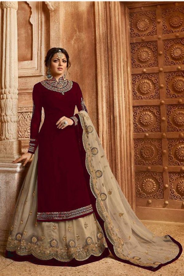 celebration Fox Georgette Maroon Embroidered Suit With Lehenga