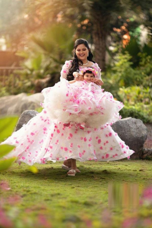luxurious And Daughter Same White Party Wear Gown