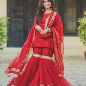 All functional Work Awesome Red Color Sharara Suit