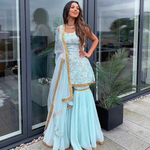 All functional Blue Designer Sharara Fully Stitch Suit