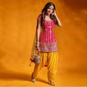 Flattering Occasion Wear Pink Colour And Yellow Colour Silk Patiyala Suit