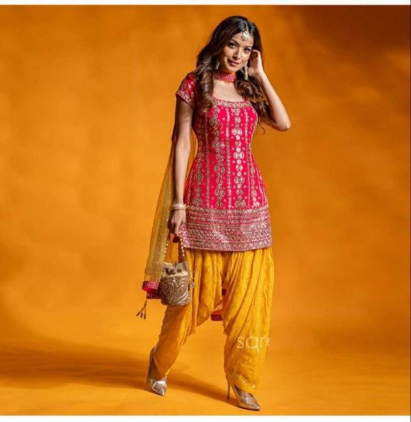 Flattering Occasion Wear Pink Colour And Yellow Colour Silk Patiyala Suit