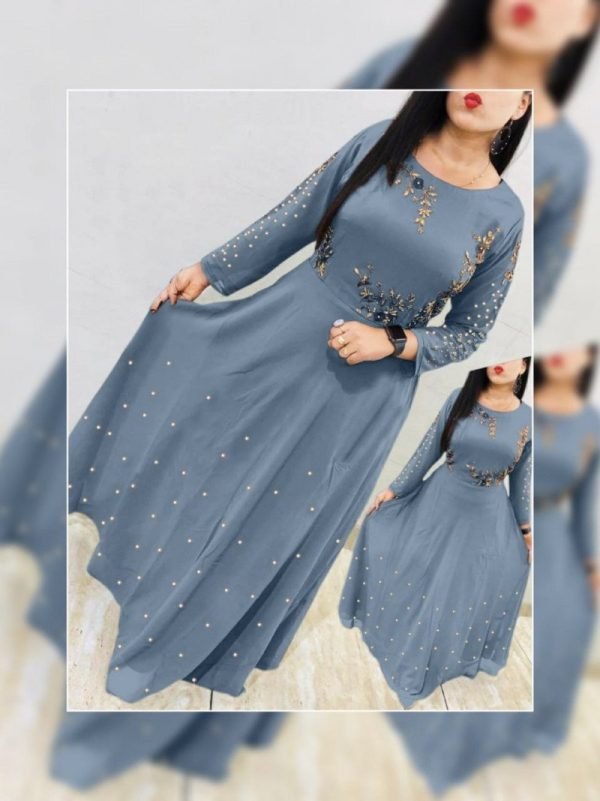 Flamboyant Georgette Grey Color Embridered Moti Work Gown