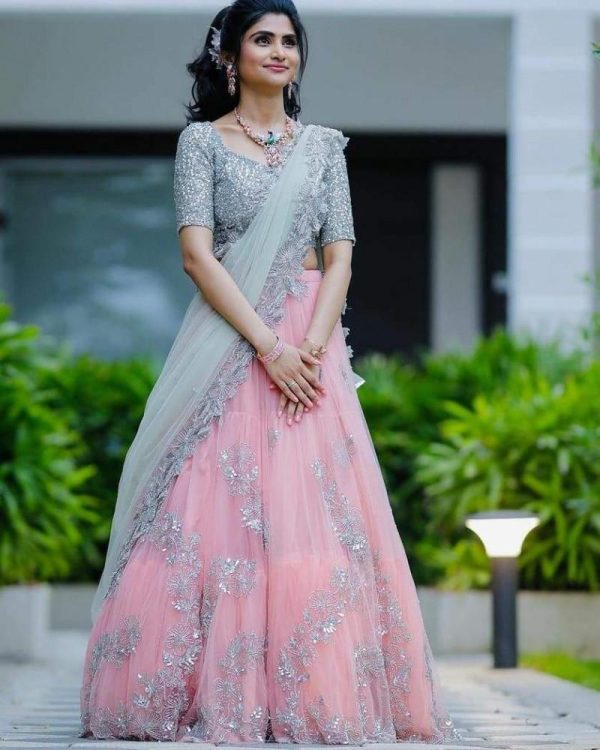 Functional wear Silver and Pink Colored Embroidered Net With Silk Lehenga Choli