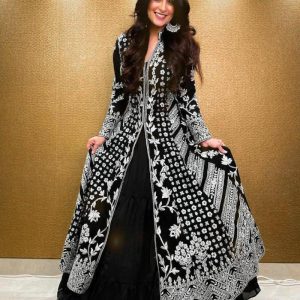 luxurious Black Color Party Wear Embroidered Designer Gown With Koti