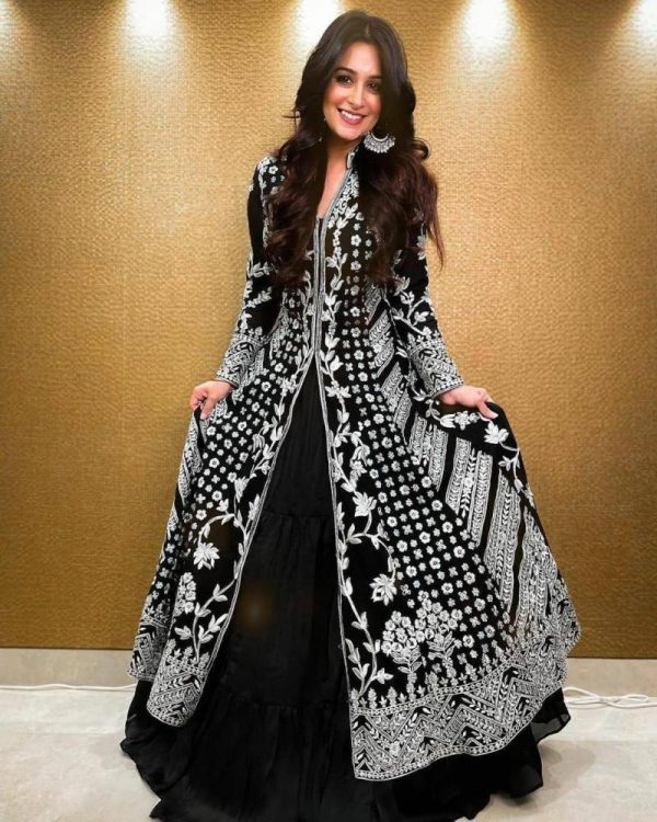 luxurious Black Color Party Wear Embroidered Designer Gown With Koti