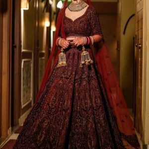Maroon Embroidered Wedding bridal lehenga with price