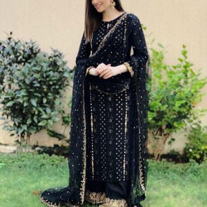 luxurious Black Color Party Wear Embroidery Work Plazo Suit